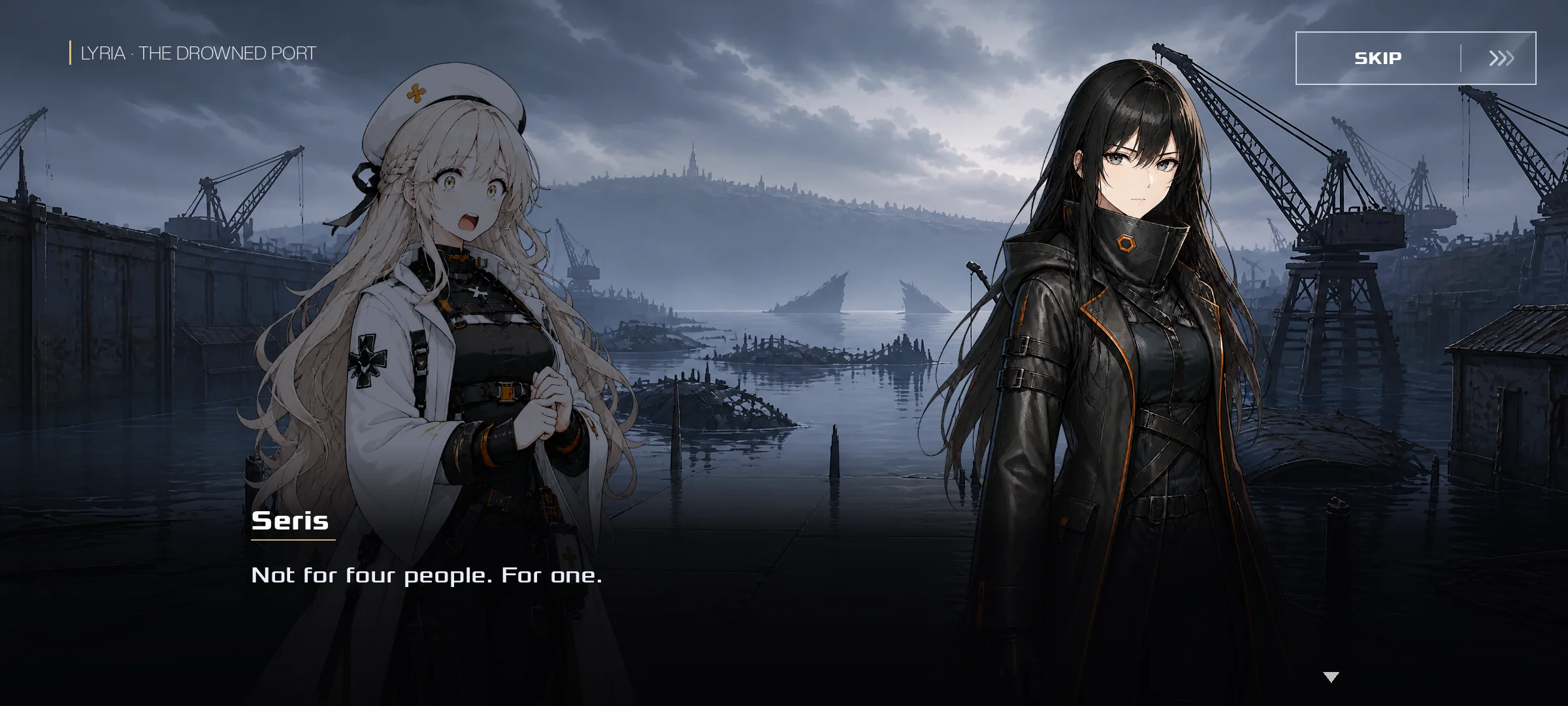 Story scene: Seris and Lumi at the Drowned Port